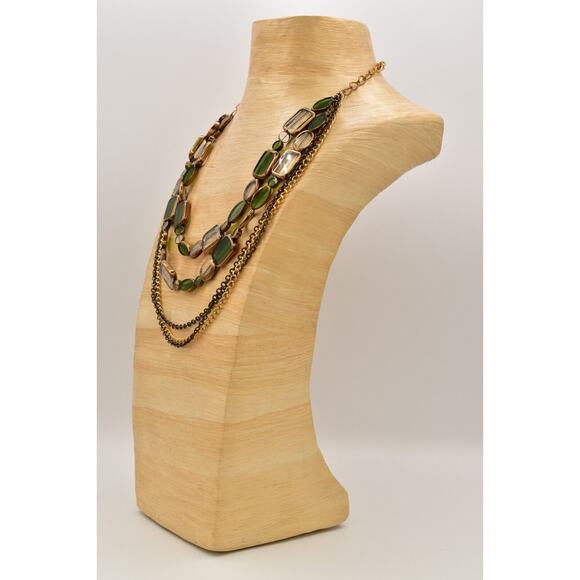 Sparkling Sage Vintage Glass Beaded Necklace Green Gold Multi-Layer Signed Bin7A - Picture 9 of 12